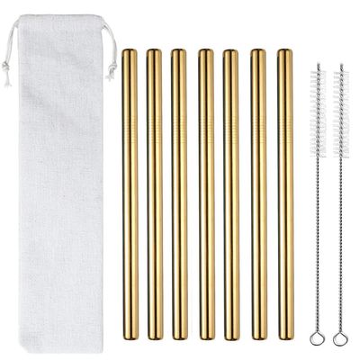 7 Pcs 8.5" Reusable Boba Drinking Straws 304 Stainless Steel Straws Set with 2 Cleaning Brushes Wide Metal Straw for Bubble Tea Milkshakes Smoothie Bar Accessory (Gold)