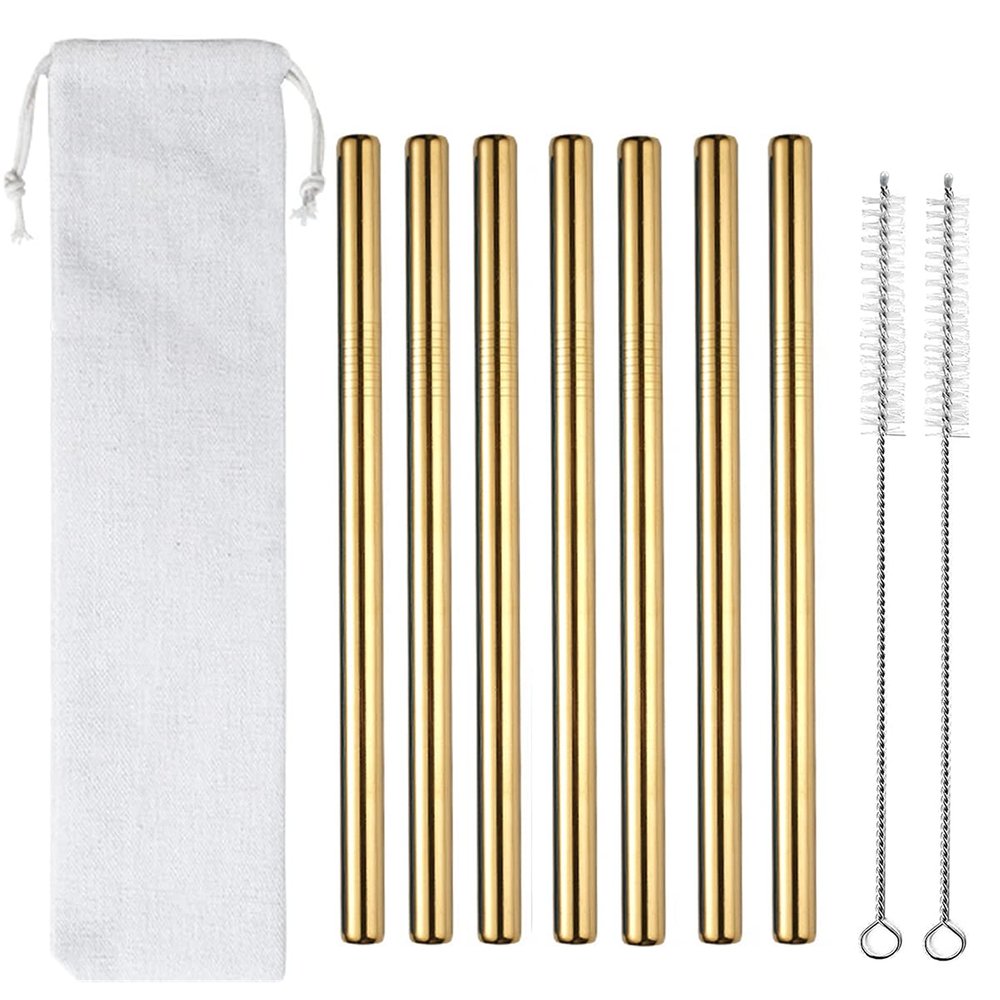 7 Pcs 8.5" Reusable Boba Drinking Straws 304 Stainless Steel Straws Set with 2 Cleaning Brushes Wide Metal Straw for Bubble Tea Milkshakes Smoothie Bar Accessory (Gold)