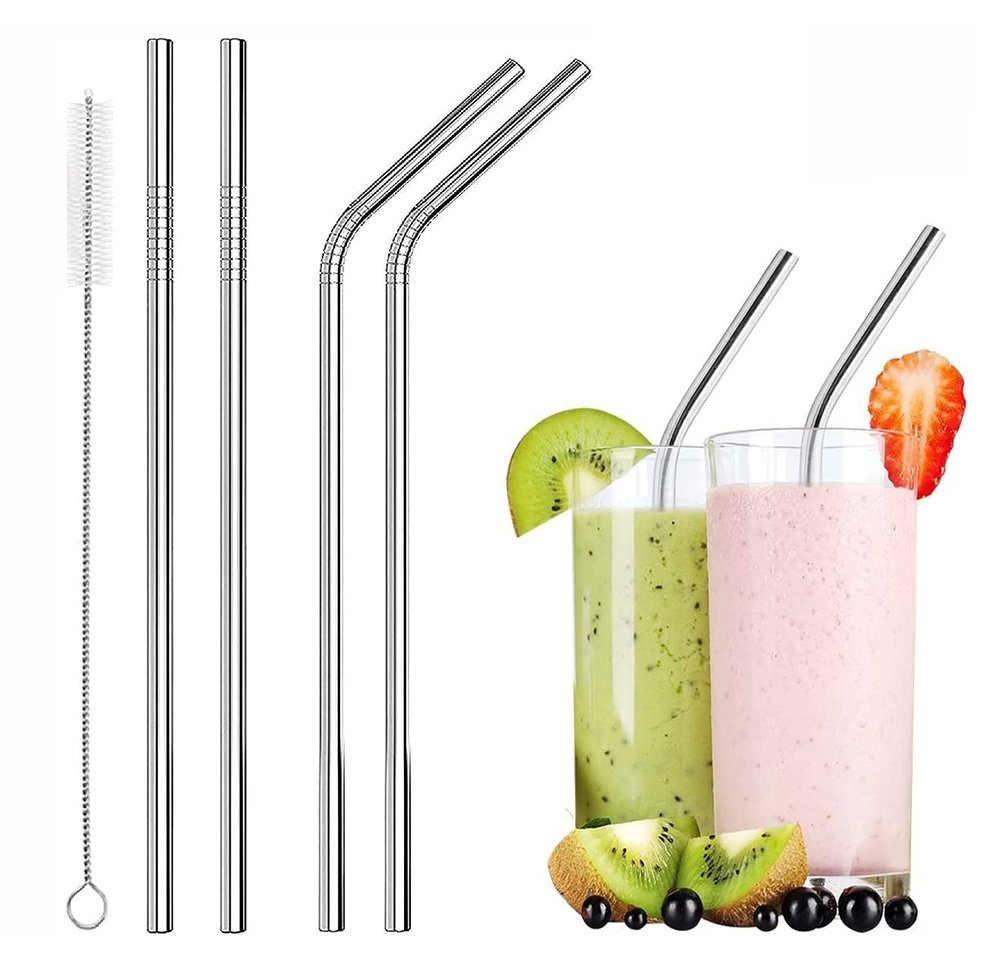 EzLife Reusable BPA-Free Metal, Dishwasher Safe Stainless Steel Drinking Straws with Cleaning Brush, 8.5 Inches (2 Bend & 2 Straight Straws, 1 Brush)