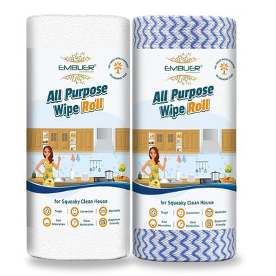 Embuer All Purpose Kitchen Roll, Kitchen Towel Wipe Roll, Non-Woven, Fast Absorbant, Quick Dry, Washable & Reusable Kitchen Wipes Roll for Cleaning | Kitchen - 2 Roll x 80 Multipurpose wipes - Combo