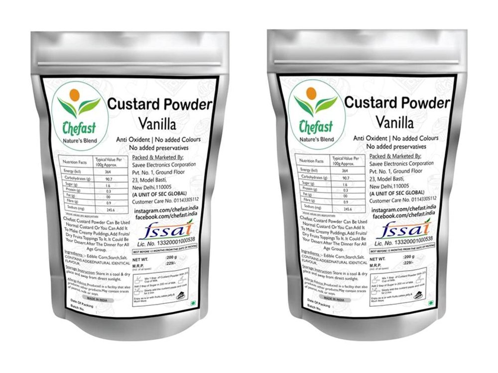 Chefast Custard Powder - Vanilla (400g) | Instant Mix | Easy to Cook | Sweet & Tasty Treat | Smooth & Creamy | Rich Dessert | Pack of 2 (200 gm Each)