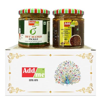 Add me Sweet Mango Jeera Chutney, Chunda Pickles 200gm, Dry Mango Pickle, sukha North Indian aam ka achar 150gm Combo Gift Pack Glass Jar