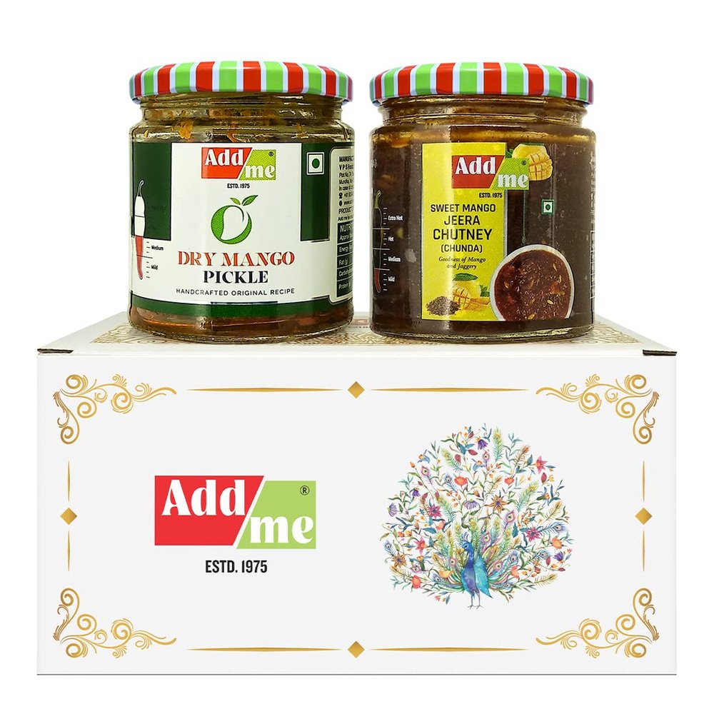 Add me Sweet Mango Jeera Chutney, Chunda Pickles 200gm, Dry Mango Pickle, sukha North Indian aam ka achar 150gm Combo Gift Pack Glass Jar
