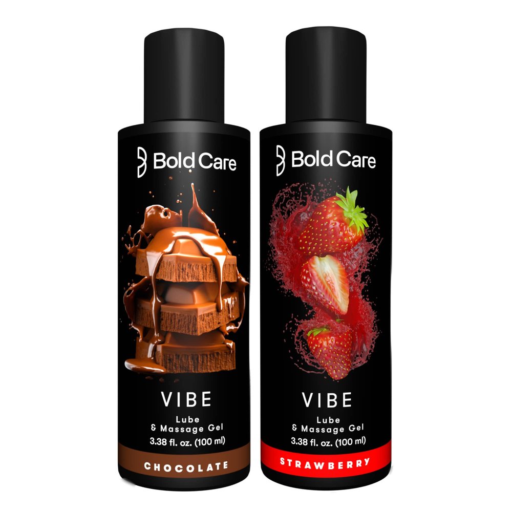 Bold Care Vibe Duo pack - Premium Chocolate Flavour + Strawberry Flavour - Natural Personal Lubricant for Men and Women - Premium Strawberry Flavour - Water Based Lube - 200 ml