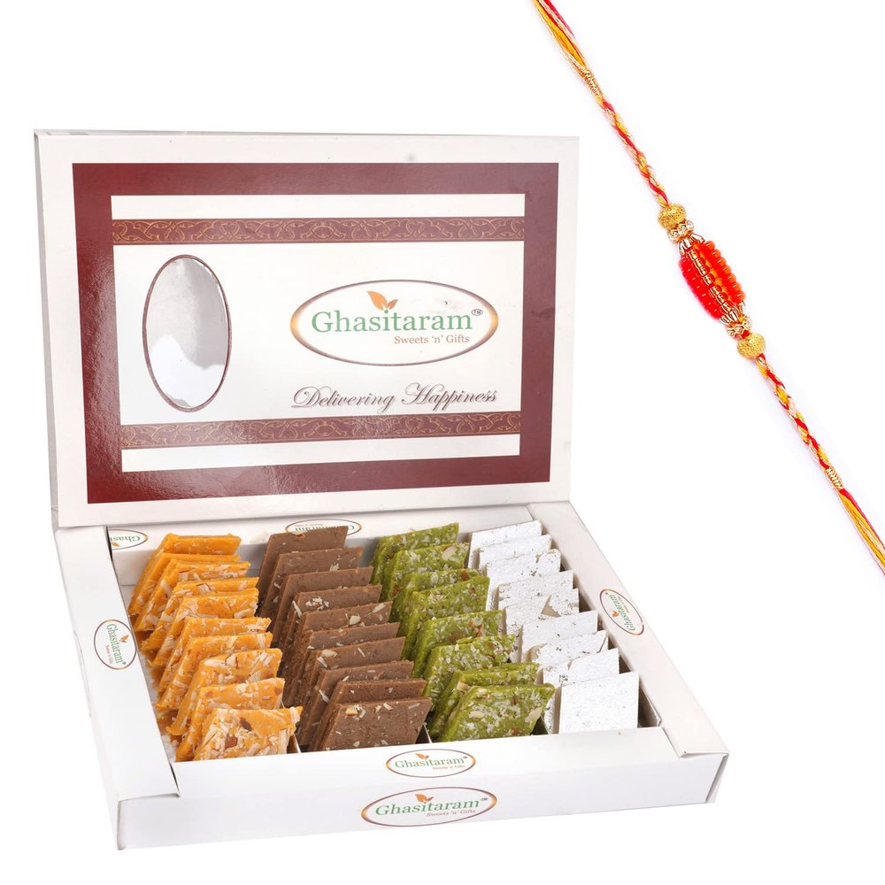 Ghasitaram Gifts Sweets - Pure Assorted Kaju Katlis (400g) with Rakhi