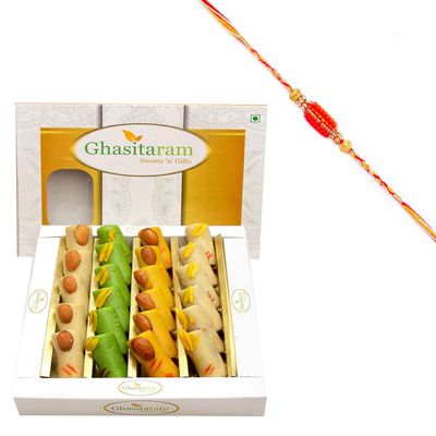 Ghasitaram Gifts Sugar-Free Sweet Roll Box (400g) with Rakhi