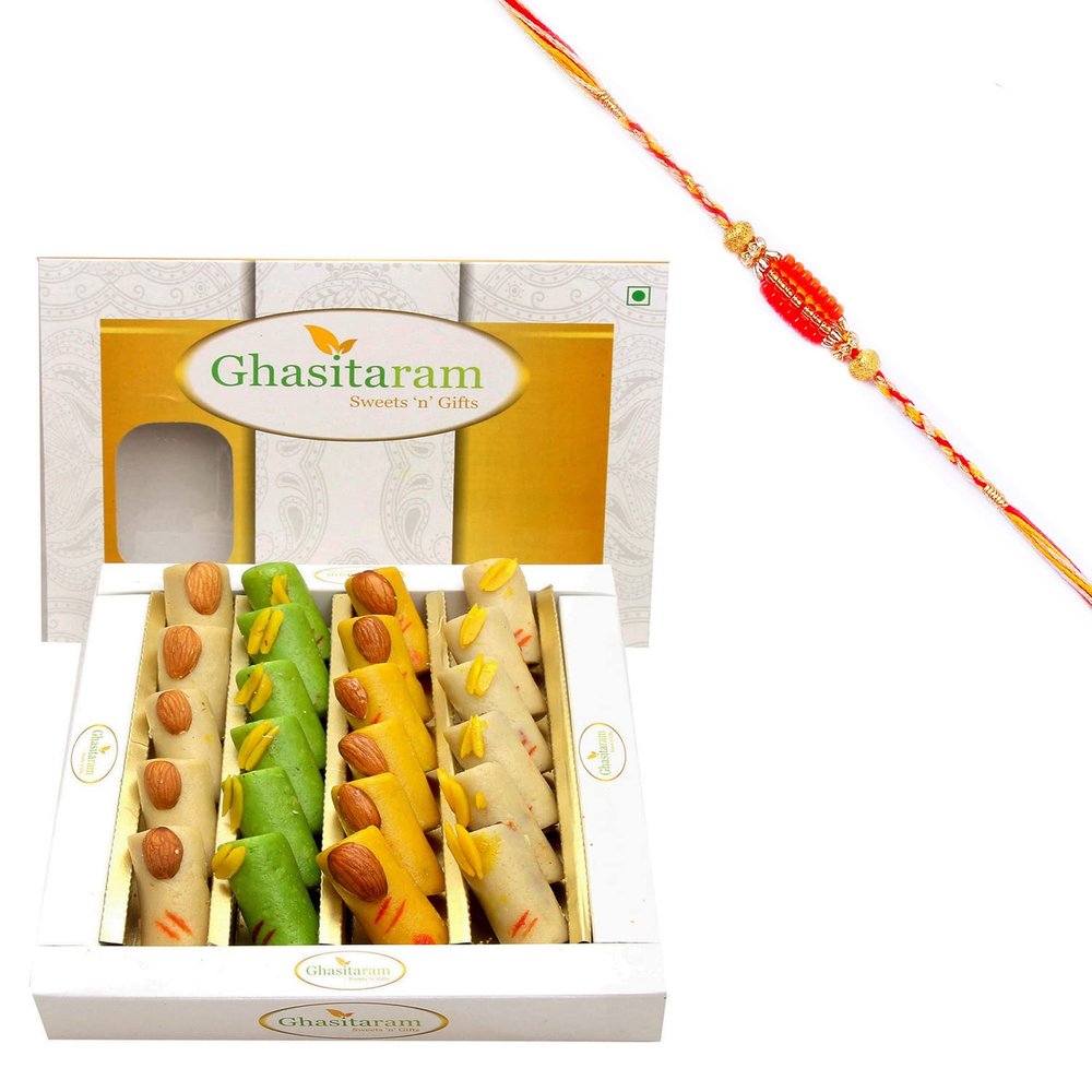 Ghasitaram Gifts Sugar-Free Sweet Roll Box (400g) with Rakhi