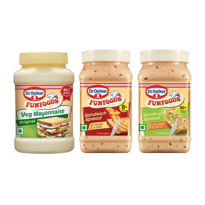 Dr. Oetker FunFoods Mayonnaise and Sandwich Spread Combo - Veg Mayo Original 250g, Cucumber & Carrot Sandwich Spread 250g and Cheese Chilli Sandwich Spread 250 Grams