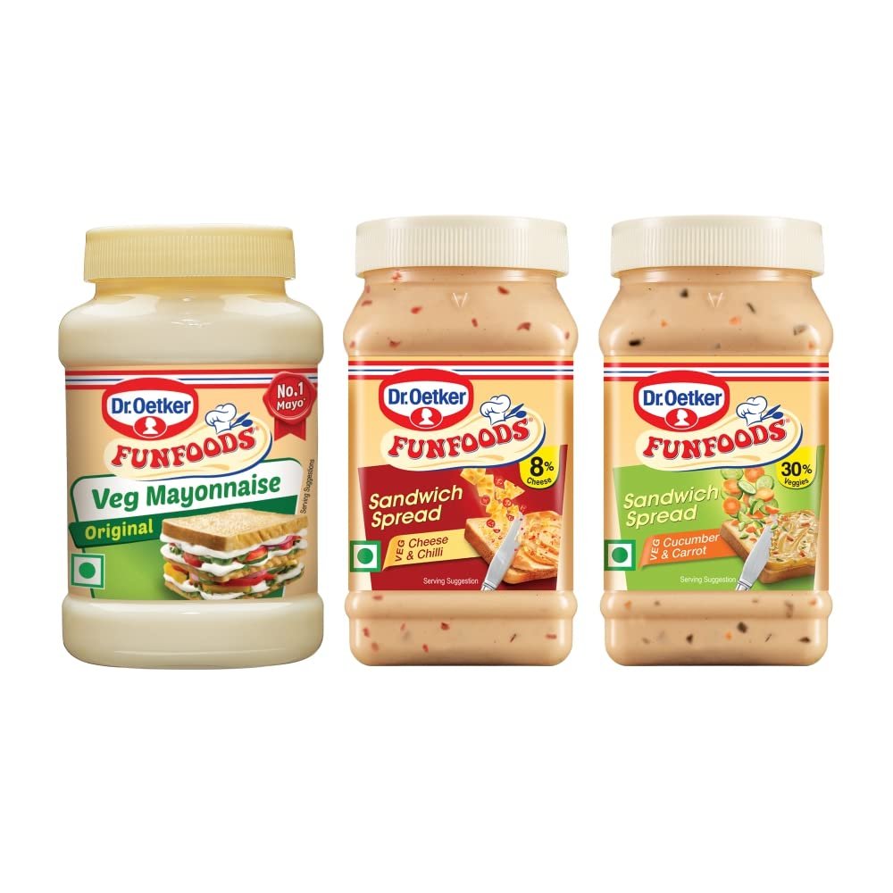 Dr. Oetker FunFoods Mayonnaise and Sandwich Spread Combo - Veg Mayo Original 250g, Cucumber & Carrot Sandwich Spread 250g and Cheese Chilli Sandwich Spread 250 Grams