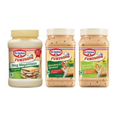 Dr. Oetker FunFoods Mayonnaise and Sandwich Spread Combo - Veg Mayo Original 250 Grams, Cucumber & Carrot Sandwich Spread 250 Grams and Thousand Island Sandwich Spread 250 Grams