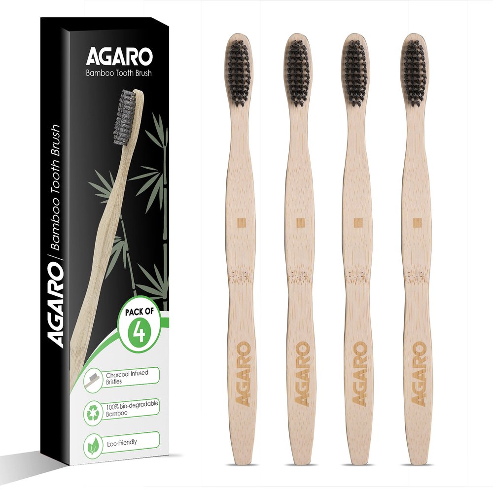 AGARO Bamboo Toothbrush for Adults, 4 pcs, Chorcoal Activated Soft Nylon Bristle with Bio-Degradable Natural Untreated Bamboo Wooden Handle