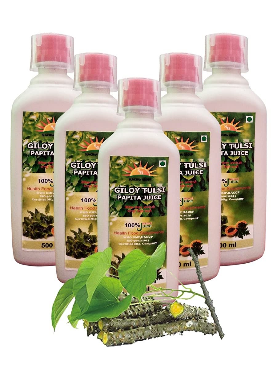 Sunchan Group Giloy Tulsi Papaya Juice Pure Organic Herbal 500x5 ML/Pure Organic Giloy/Guchcha/Giloy Guduchi Amrita Bela/Geeloh/Amrta/Tinospora Cordifolia/Giloy 2500 ML (Pack Of 5)