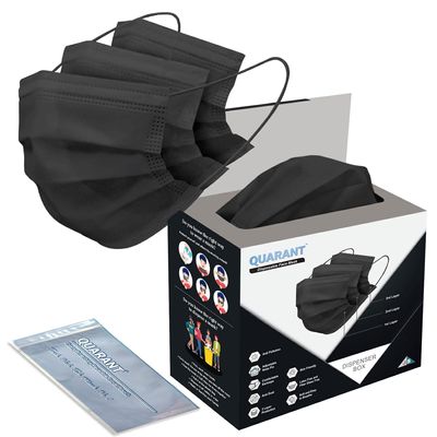 QUARANT Meltblown - SMMS Fabric 3 Ply Disposable Face Mask with Nose Clip and Reusable Travel Pouch (Black, Pack of 100) for Unisex
