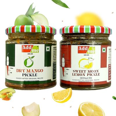 Add me Dry Mango Pickle, sukha North Indian aam ka achar 150gm and Sweet Lemon Pickle, khatta meetha nimbu ka achar 200gm Combo Gift Pack Glass Jar