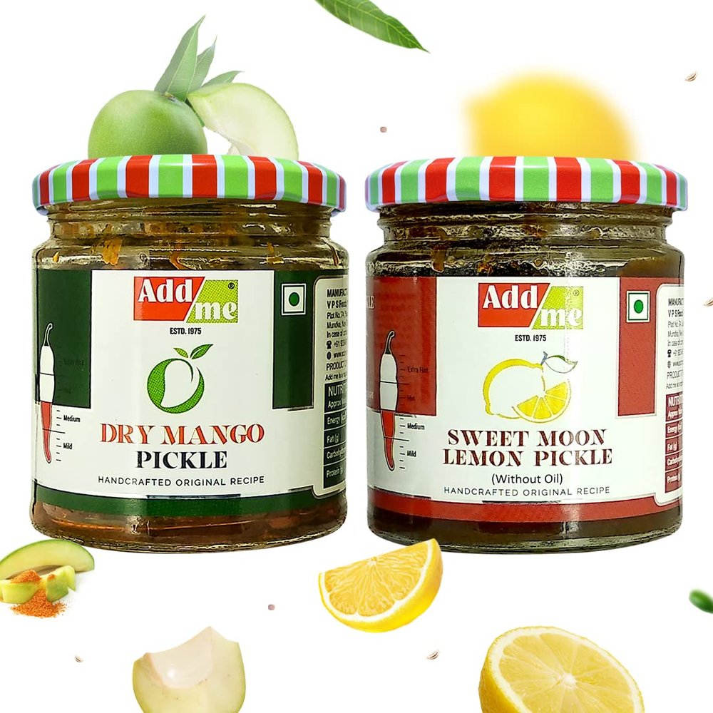 Add me Dry Mango Pickle, sukha North Indian aam ka achar 150gm and Sweet Lemon Pickle, khatta meetha nimbu ka achar 200gm Combo Gift Pack Glass Jar