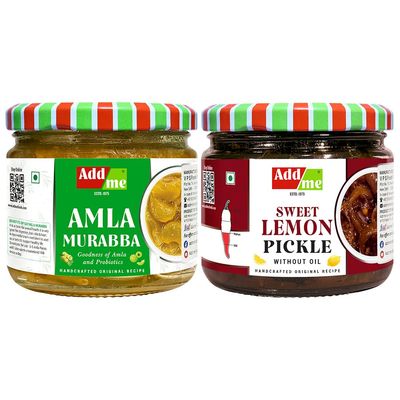 Add me Seed less Dry Amla Murabba Without Syrup Immunity boosters & Lemon Pickle Khatta Meetha Nimbu Sweet and Sour Without Oil Lime Pickle Nimbu Ka Achar 300gm each homemade Recipe & Taste combo gift pack Glass Jar