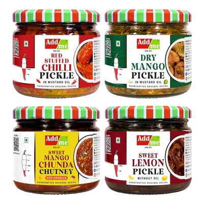 Add Me Combo Pickle Gift Box 4 In 1 Add Me Sweet Mango Jeera Chutney Chunda 350Gm, Red Chilli 300Gm, Sweet Lemon Pickles 300 Gm, Dry Mango Pickle 300Grm, Ready To Eat Combo Gift Pack