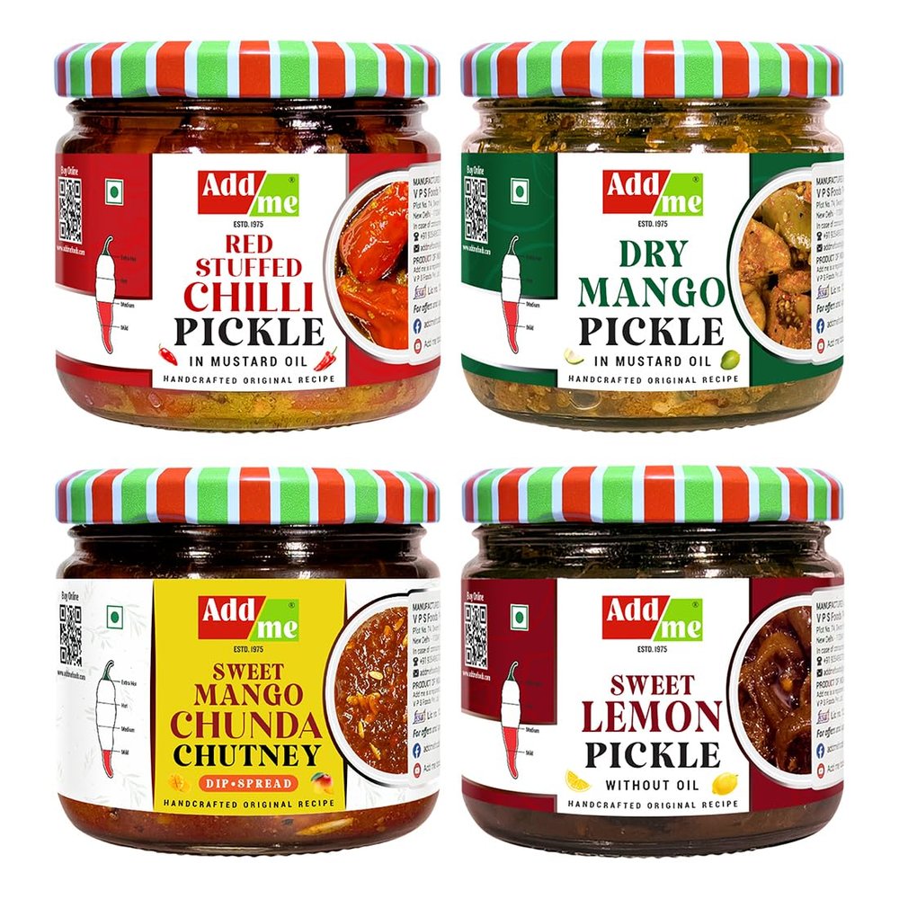 Add Me Combo Pickle Gift Box 4 In 1 Add Me Sweet Mango Jeera Chutney Chunda 350Gm, Red Chilli 300Gm, Sweet Lemon Pickles 300 Gm, Dry Mango Pickle 300Grm, Ready To Eat Combo Gift Pack