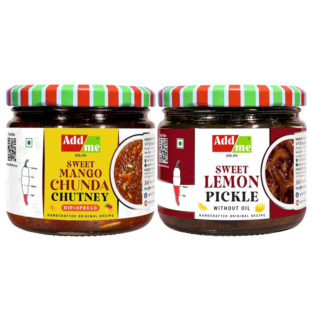 Add me Chunda Sweet Mango Chutney with jeera 350gm chundo & Lemon Pickle Khatta Meetha Nimbu Sweet and Sour Without Oil Lime Pickle 300gm Homemade Recipe & Taste Combo Gift Pack Glass Jar
