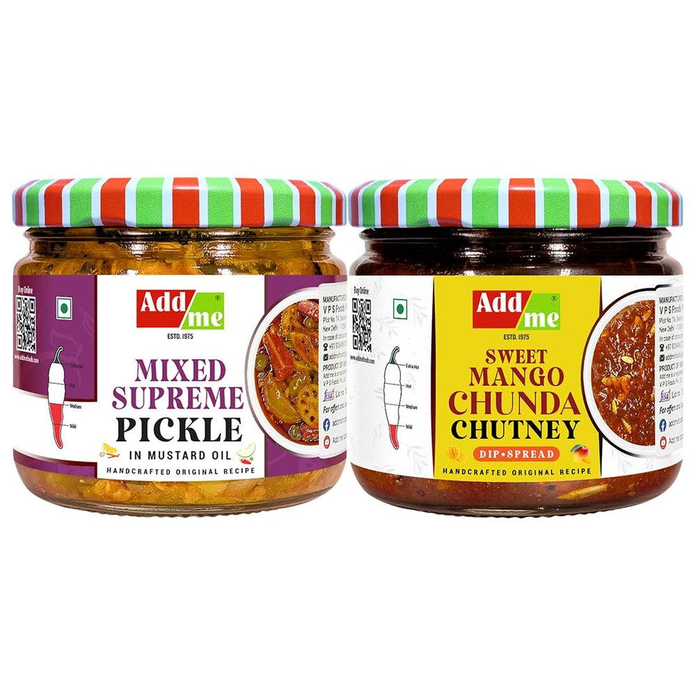 Add me Chunda Pickle Sweet Mango Chutney with jeera 350gm chundo khatta meetha Pickles Without Oil & Rajasthani Mix Achar, Homemade Mixed Supreme Pickle 300gm Each Combo Gift Pack Glass Jar