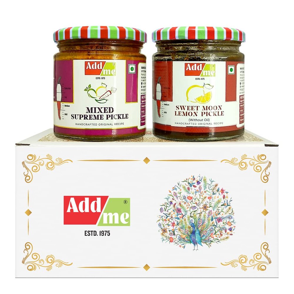 Add me Rajasthani Mix Achar Homemade Mixed Supreme Mango Chilli Lemon Carrot ker Ginger karonda lasoda Fruit Pickle 200gm & khatta meetha nimbu ka achar, Lime Pickle 200gm Combo Gift Pack Glass Jar