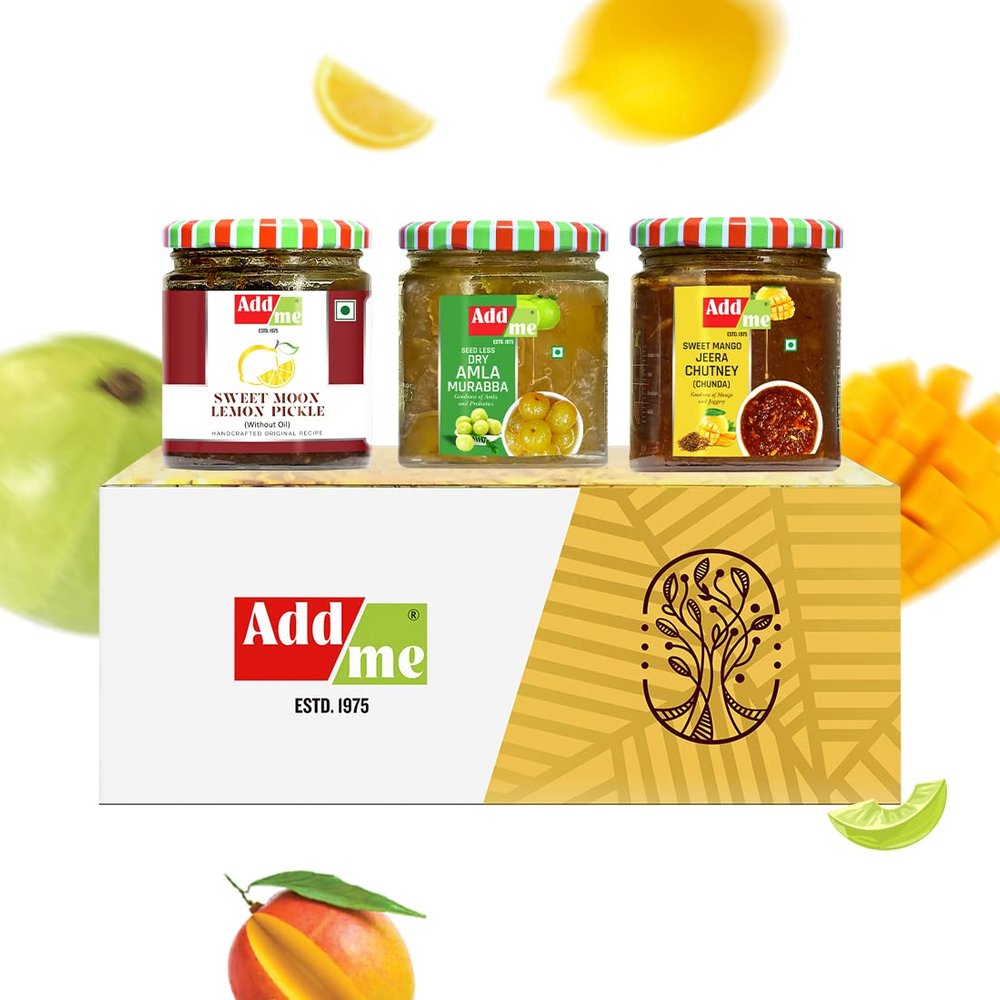 Add me Home Made Dry Seed Less amla murabba, Mango Chutney chunda & Lemon Pickle (200gm Each Combo Gift Pack Glass jar)