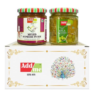 Add me Seed Less Dry Amla Murabba Without Syrup Immunity boosters & Rajasthani Mix Achar, Homemade Mixed Pickle 200 gm Each Combo Gift Pack Glass Jar