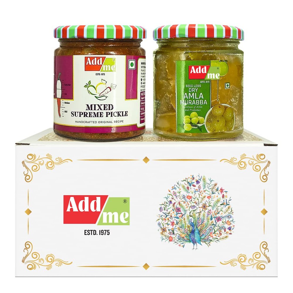 Add me Seed Less Dry Amla Murabba Without Syrup Immunity boosters & Rajasthani Mix Achar, Homemade Mixed Pickle 200 gm Each Combo Gift Pack Glass Jar