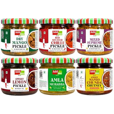 Add me combo pickle box gift pack 6 in 1 dry mango achar 300gm + mixed pickles 300grm + amla murabba 300 gm + sweet Lemon pickle 350gram + Lal mirchi ka achar 300 gm + sweet mango jeera chutney 350grm glass jar