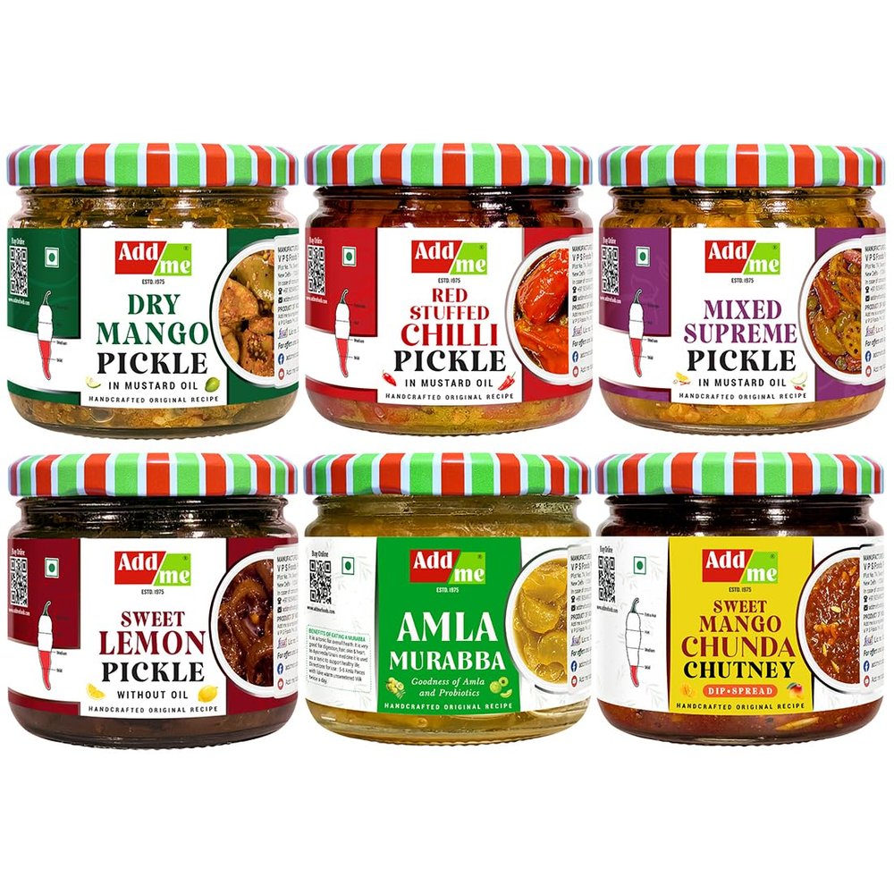 Add me combo pickle box gift pack 6 in 1 dry mango achar 300gm + mixed pickles 300grm + amla murabba 300 gm + sweet Lemon pickle 350gram + Lal mirchi ka achar 300 gm + sweet mango jeera chutney 350grm glass jar