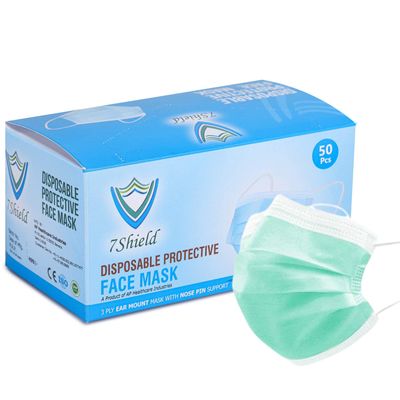 7Shield Face Mask | Disposable Safety Masks for Women & Men | ISO CE GMP SITRA Certified Soft Fabric Spandex Earloop strings, Comfortable & Blue Face Mask Box Pack of 400 Pcs Color - Green