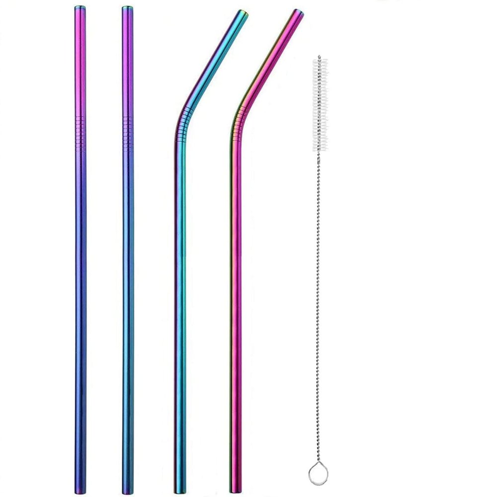 Fancyku Stainless Steel Straws for Drinking with Brushes 2 Straight, 2 Bend and 1 Brush Rainbow Color