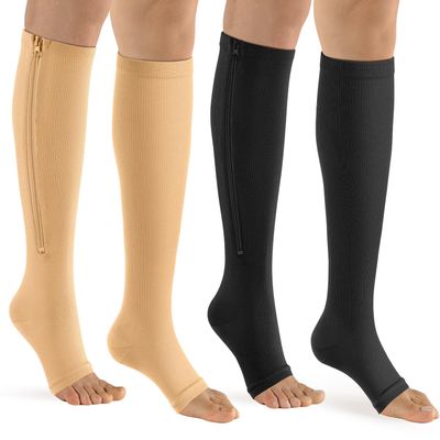 bropite Zipper Compression Socks - 2 Pairs Calf Knee 15-20 mmHg Open Toe Compression Socks for Walking,Running, Nurses, Pregnancy for Toeless Compression Socks