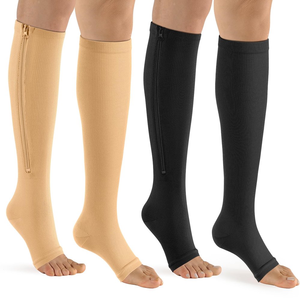 bropite Zipper Compression Socks - 2 Pairs Calf Knee 15-20 mmHg Open Toe Compression Socks for Walking,Running, Nurses, Pregnancy for Toeless Compression Socks