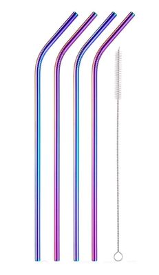 Fancyku Stainless Steel Straws for Drinking with Brushes 4 Bent + 1 Brushes Set of 5 (Rainbow Colour)