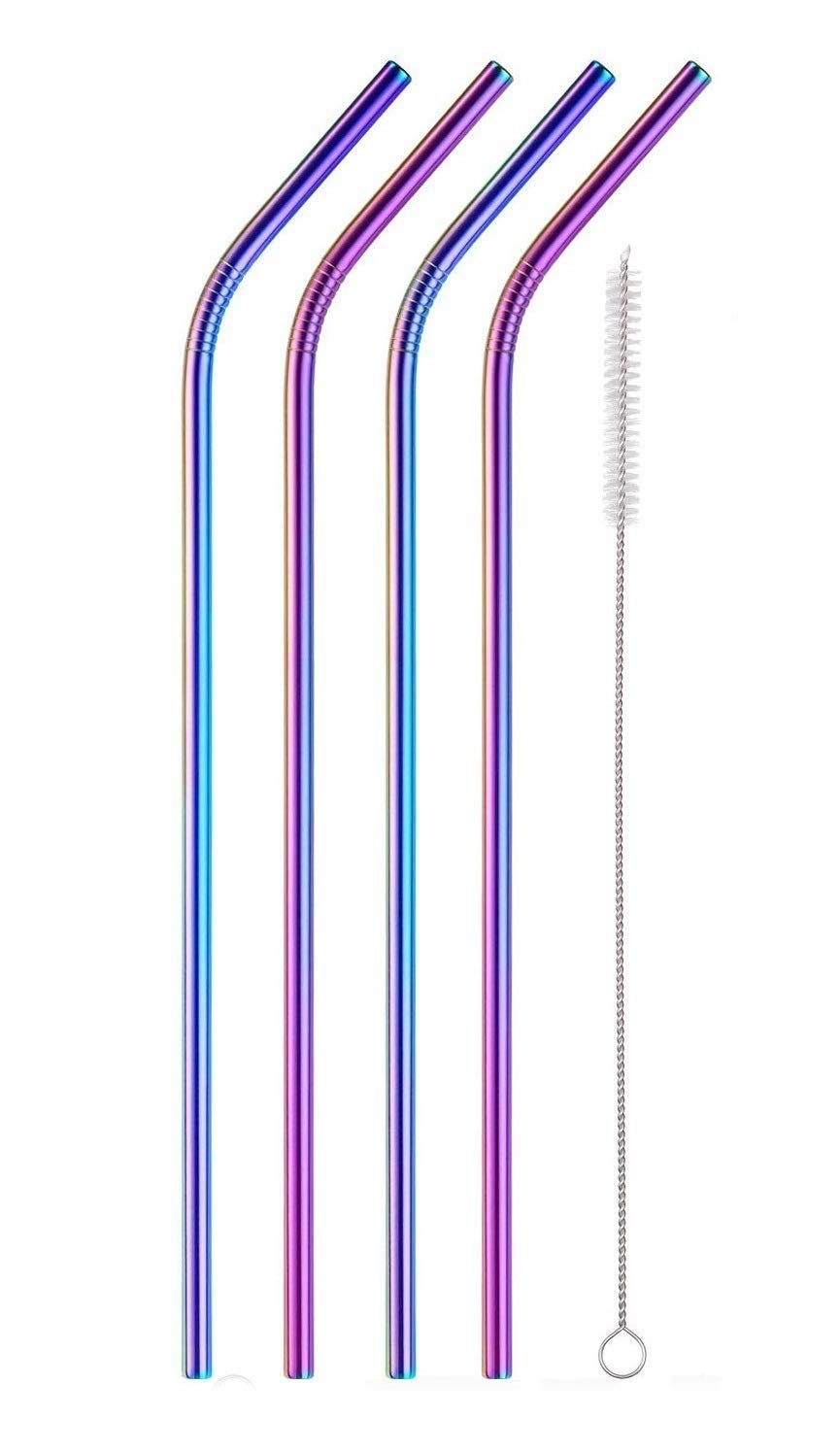 Fancyku Stainless Steel Straws for Drinking with Brushes 4 Bent + 1 Brushes Set of 5 (Rainbow Colour)