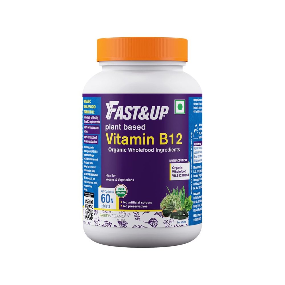 Fast&Up Plant Based B12 (60 Uncoated Tablets)- With Natural Methylcobalamin, USDA Organic Certified, 100% Natural, Preservative Free, Contributes to daily RDA of Vitamin B12