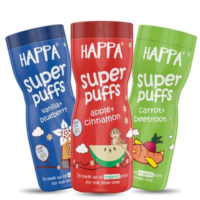 Happa Vanilla Blueberry and Carrot Beetroot and Apple Cinnamom Baby Puffs | Melt-in-the-Mouth Finger Food for Babies | Supports Self-Feeding & Baby-Led Weaning | No Artificial Flavours or Colours | Stage 2 (8 Months+) | Pack of 3 (40g Each)