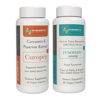 Sharrets Resveratrol 1000mg and Curcumin Turmeric 500mg Capsules Combo, Antioxidant for Heart, Skin, Bones, Eye, Brain and Immune system Health (30 Capsules Each)