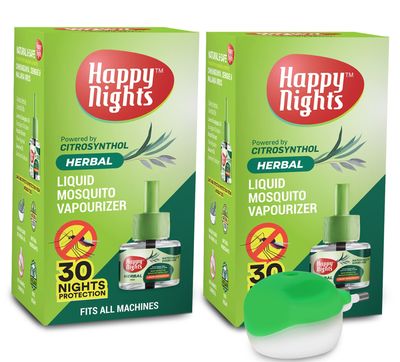 Happy Nights Lemon and Herbal Mosquito Repellent | Prevent from Dengue | Air Freshener |Completely Herbal-safe for Children (Pack of 2 Refill plus 1 machine) - FORMULATION 5X