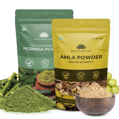 SAPTAMVEDA 100% Organic Moringa Powder and Organic Amla Powder (150 gms + 150 gms) - Superfood Combo Pack Of 2-300gms | Indian Gooseberry Powder| Rich In Vitamin C