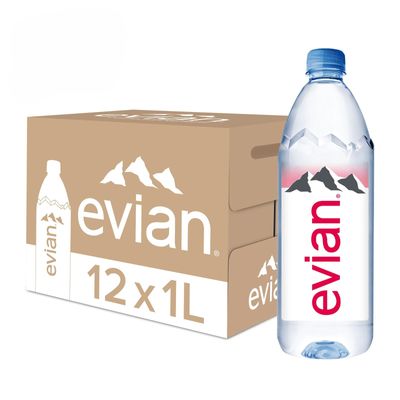 Evian Natural Spring Water, Naturally Filtered Spring Water in Large Bottles, (1 Litre x 12 Units)