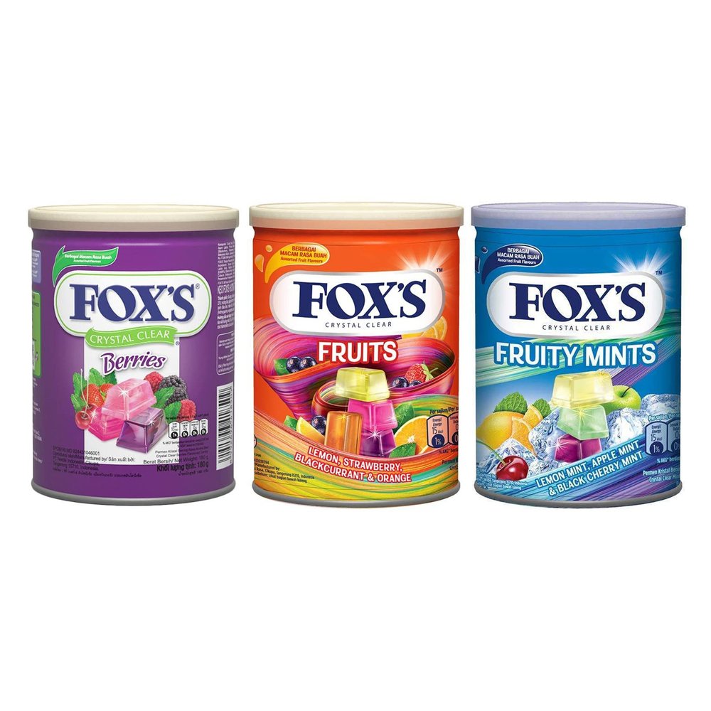 Fox's Crystal Clear Assorted Fruit Flavours 3 X 180g Berries,Fruit,Fruity Mints Tin Pack