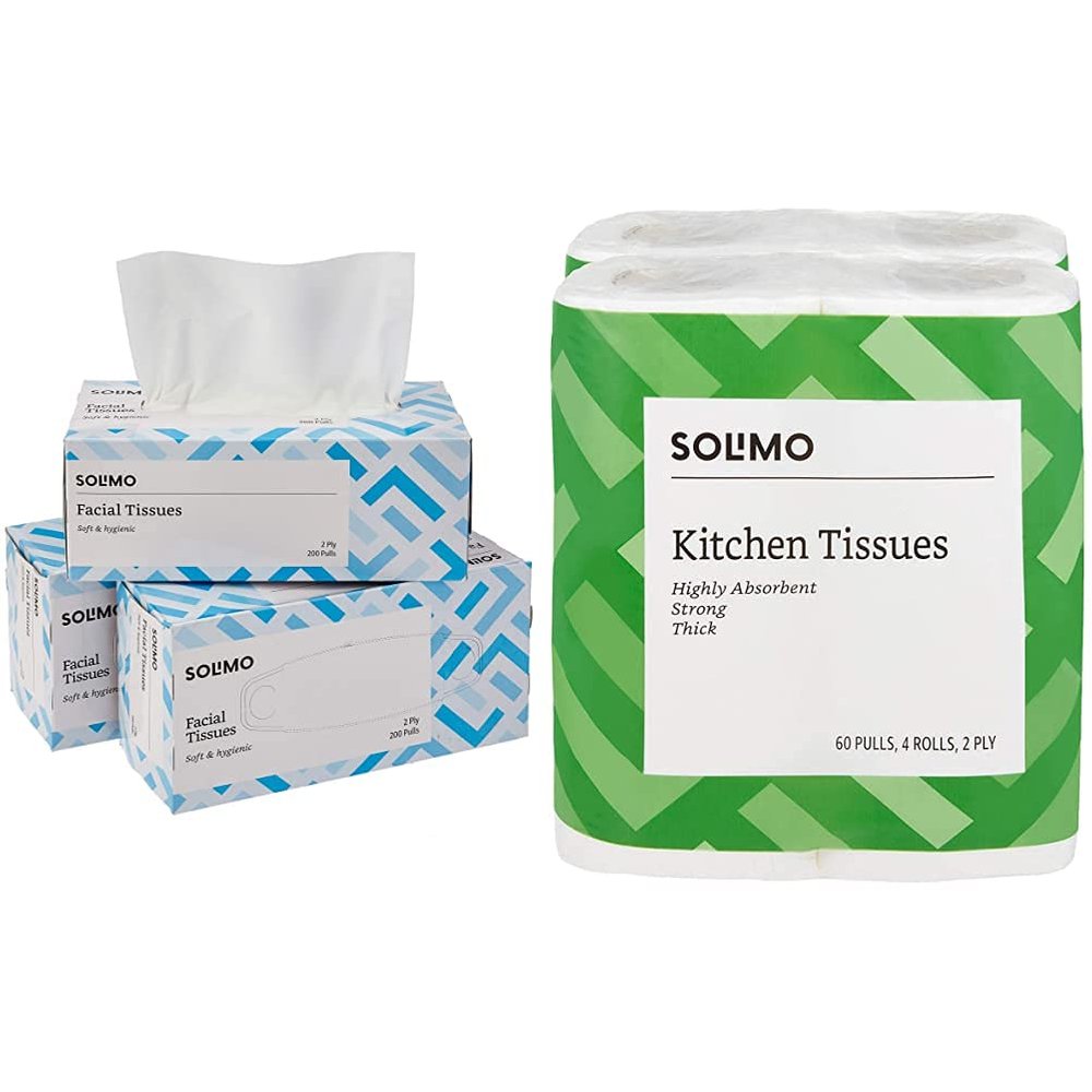 Amazon Brand - Solimo 2 Ply Facial Tissues Carton Box - 200 Pulls (Pack of 3) & Amazon Brand - Solimo 2 Ply Kitchen Tissue Paper Roll - 4 Rolls (60 Pulls Per Roll)