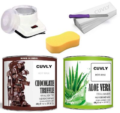 CUVLYt Wax Heater Waxing Kit Combo (Wax Heater + Chocolate Wax (600 gm) + Aloe vera (600 gm) + Wax Strips (70) + Wax Spatula + Sponge) wax heater for women