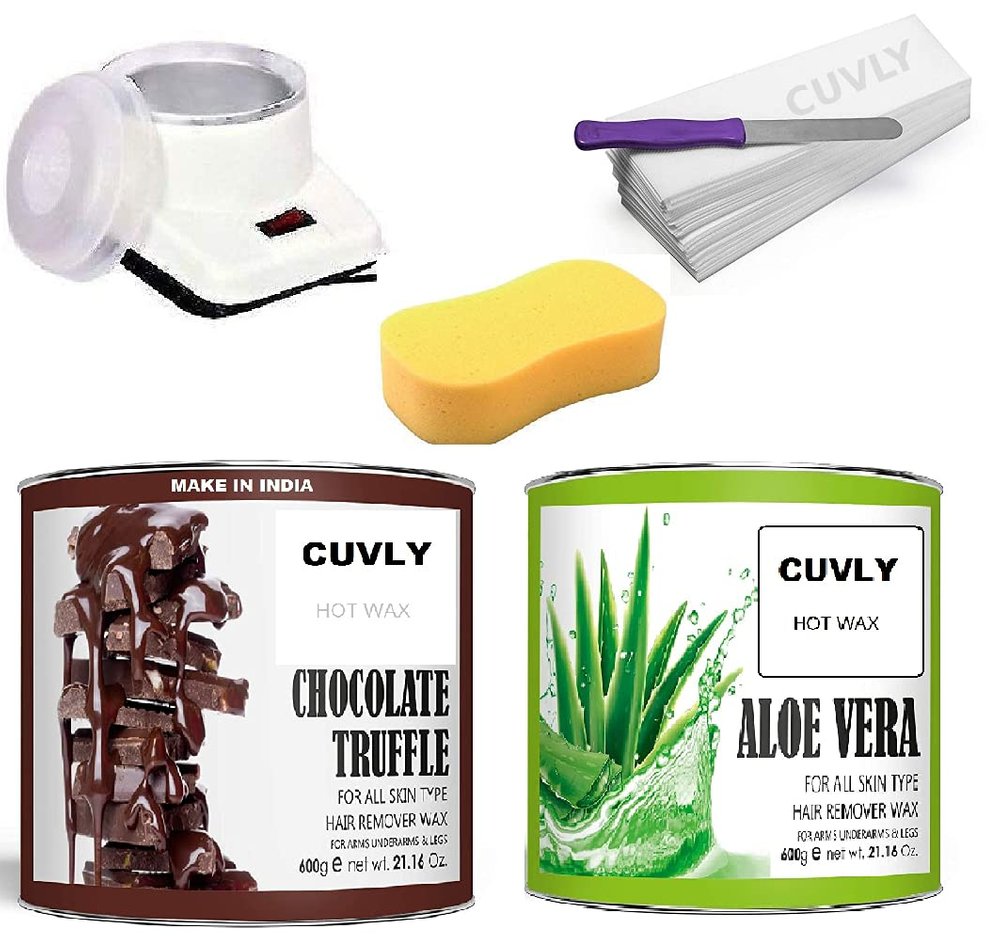 CUVLYt Wax Heater Waxing Kit Combo (Wax Heater + Chocolate Wax (600 gm) + Aloe vera (600 gm) + Wax Strips (70) + Wax Spatula + Sponge) wax heater for women