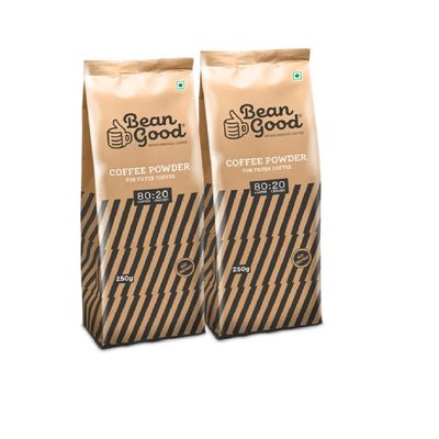 Bean Good Indian Brewed Filter Coffee Powder - 500gm - (250g x 2) - Authentic South Indian Filter Coffee Powder - Strong 80% Coffee & 20% Chicory Blend