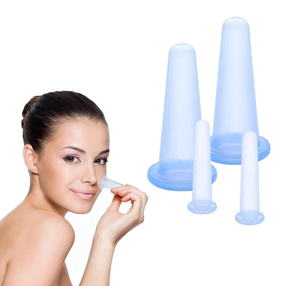 ACS 4pcs Silicone Vacuum Cupping Cups Massage Set with Bag Face Body Cups for Wrinkle Reducer,Collagen Stimulator,Pain Relief,Blue,Standard