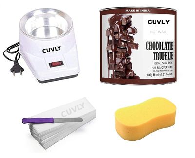CUVLY Wax Heater Machine Kit Hair Removal Waxing Kit Electric Wax Heater, Chocolate Wax (600 g) Tin Can, Waxing Strips (70 Strips), Wax Applicator Knife and Cleansing Sponge Waxing (Chocolate Wax)