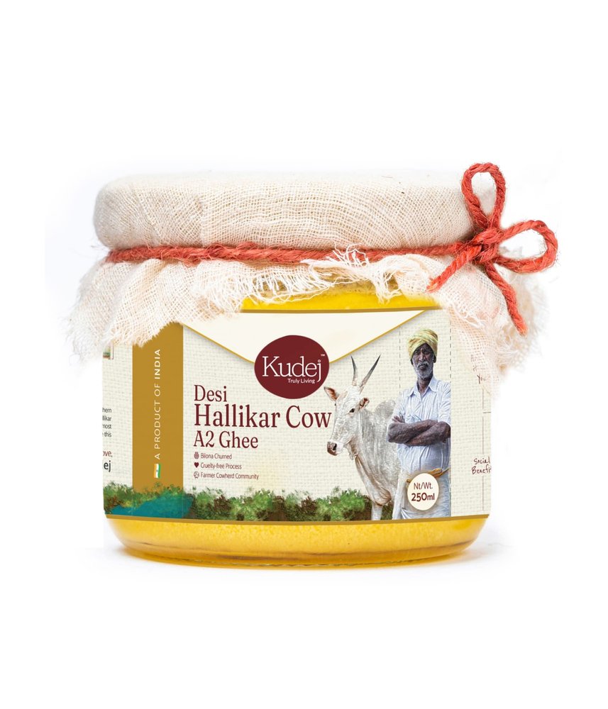 Kudej || Desi Hallikar Cow Pure A2 Ghee from Kaveri belt - 100% Bilona Churned Premium Cultured Ghee, Made using Ancient Vedic Processes, 250ML Glass Bottle with Sustainable Packaging
